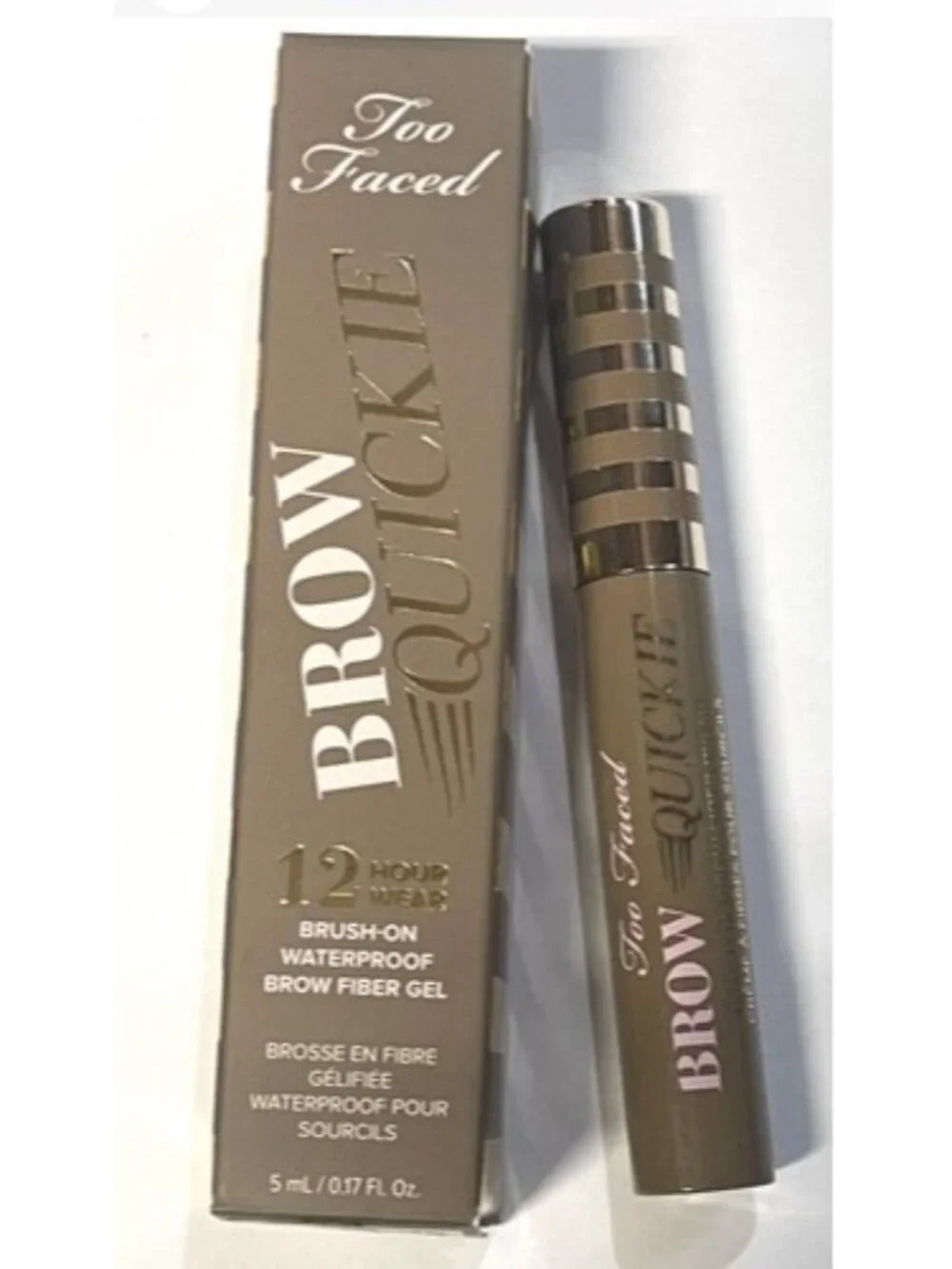 Too Faced Brow Quickie Brush-On Brow Fiber Gel in Universal Taupe=Boxed